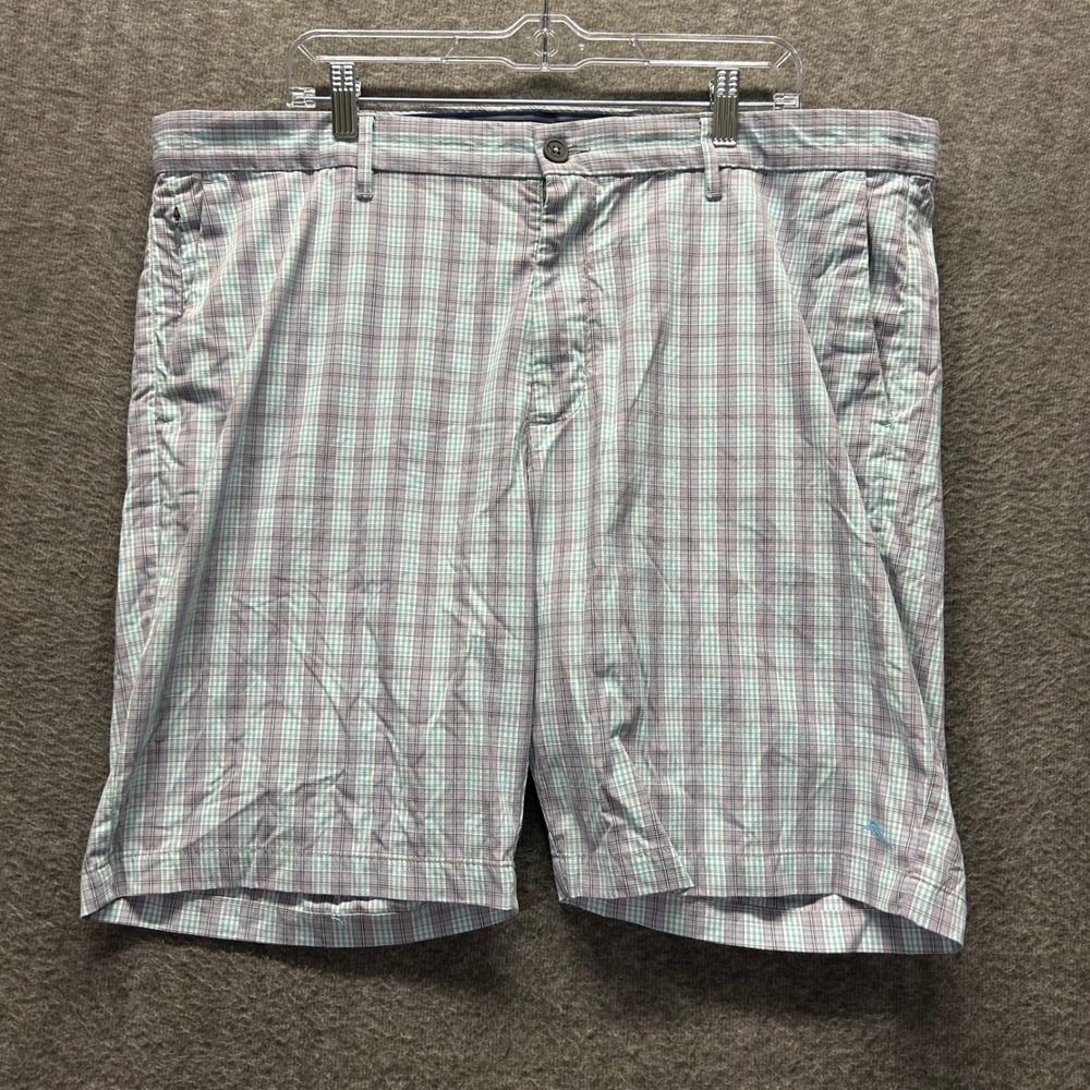 Tommy Bahama Men Plaid Flat Front Shorts Blue Grey Size 42 Nylon Stretch Coastal